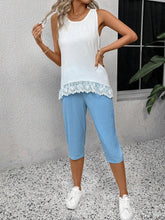 EMERY ROSE Women's Summer Lace Patchwork Sleeveless Vest And Solid Color Pants Set